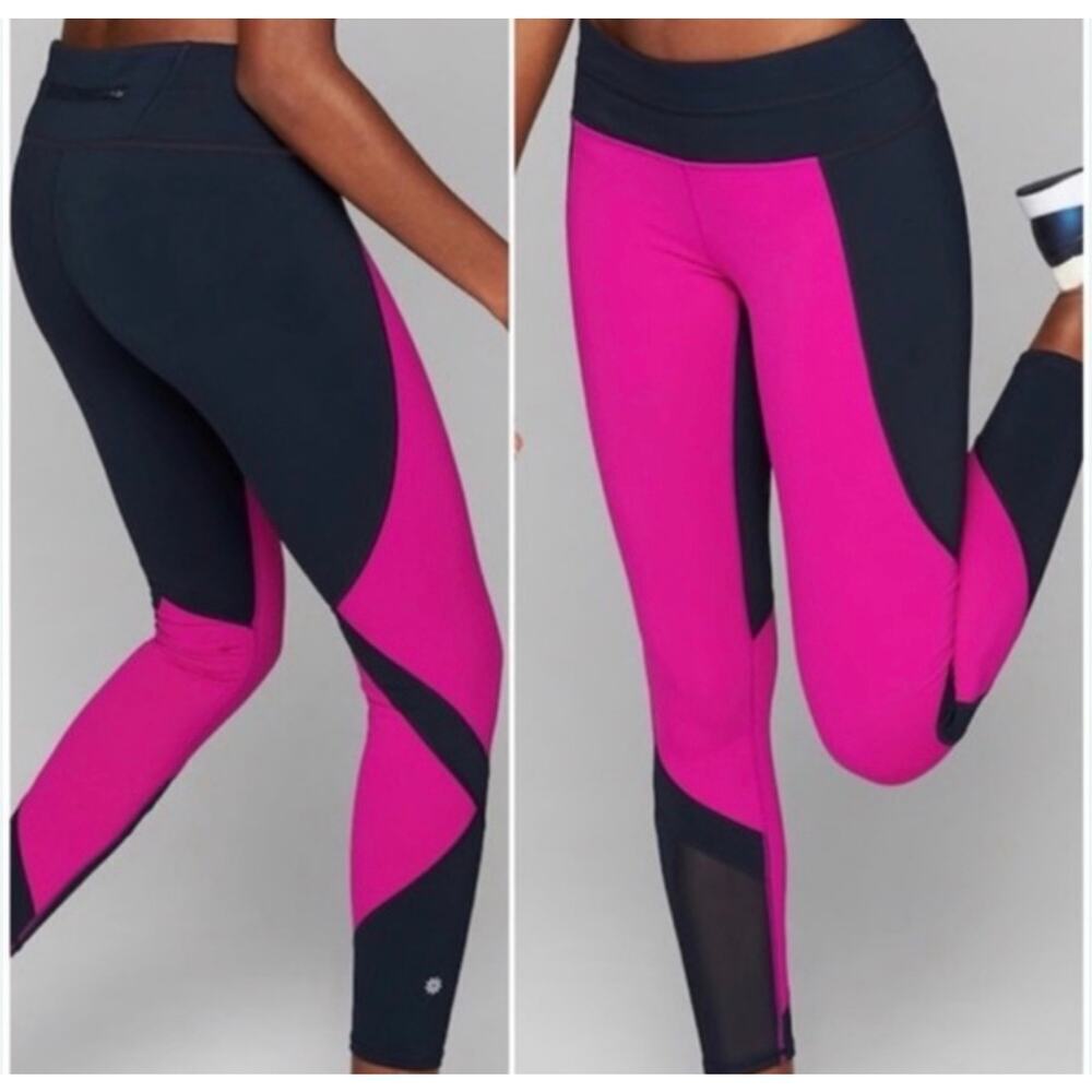 Athleta Sonar Colorblock Mesh Leggings Hot Pink and Navy Blue Size S